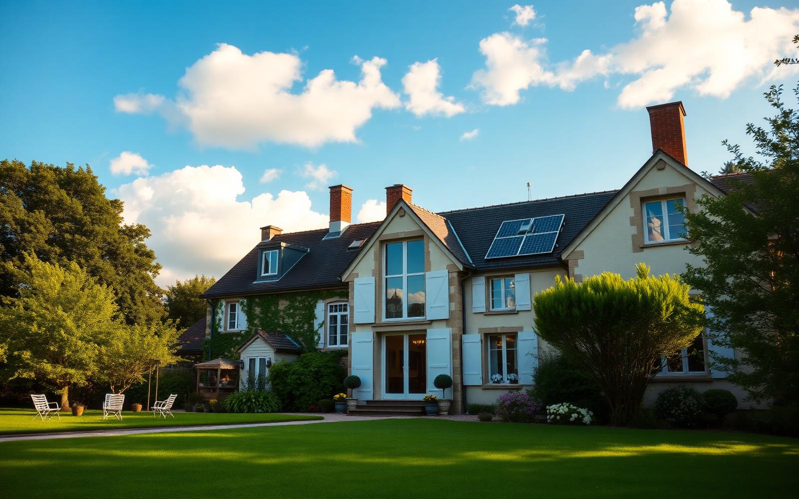 Maison en été avec pompe à chaleur et panneaux solaires